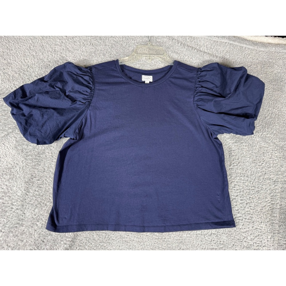Mud Pie Puff Sleeve Top Womens Large Navy Blue Excellent Romantic Statement Tee